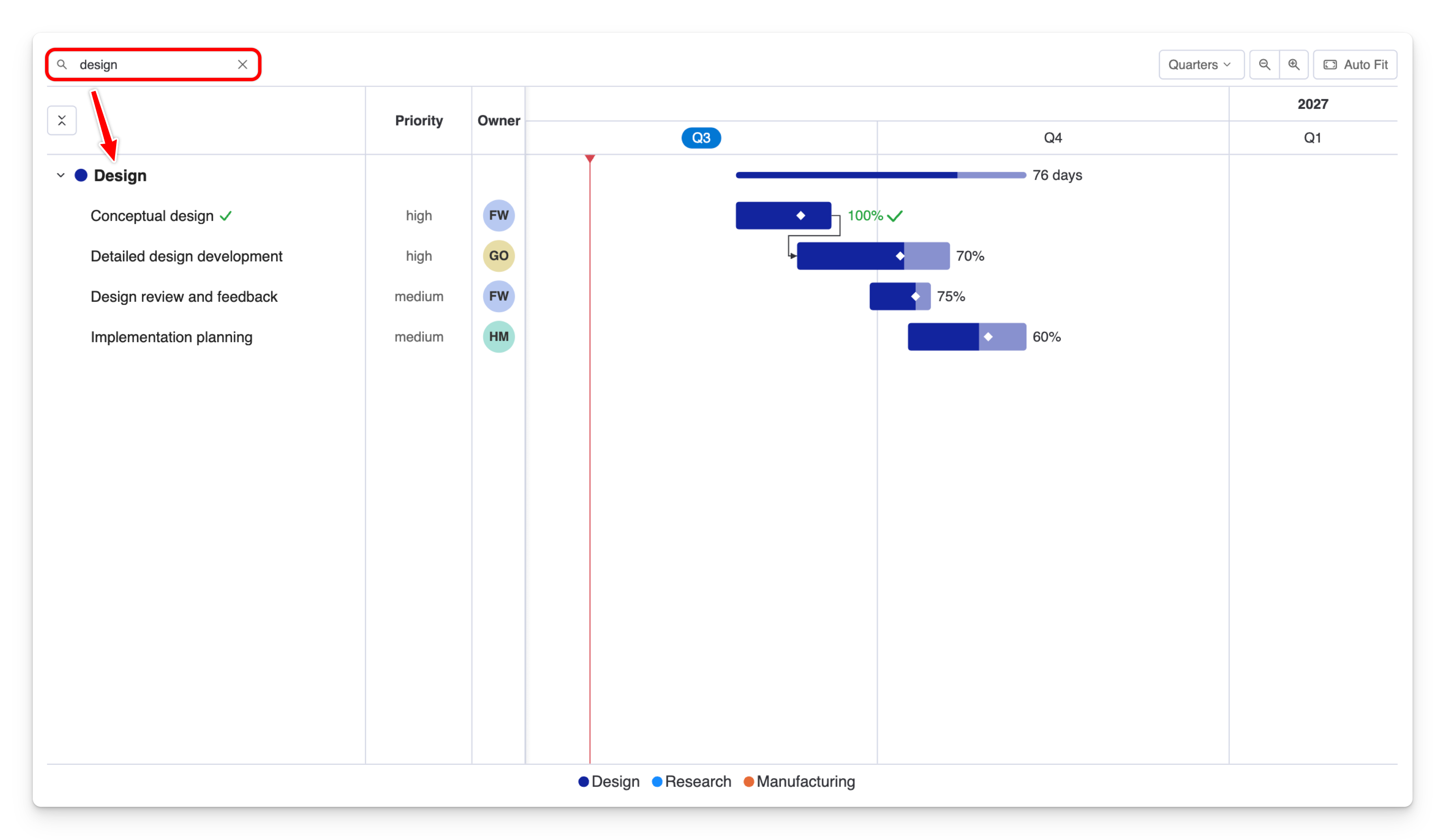 The search box with a query typed in, and matching tasks highlighted in the task list/timeline