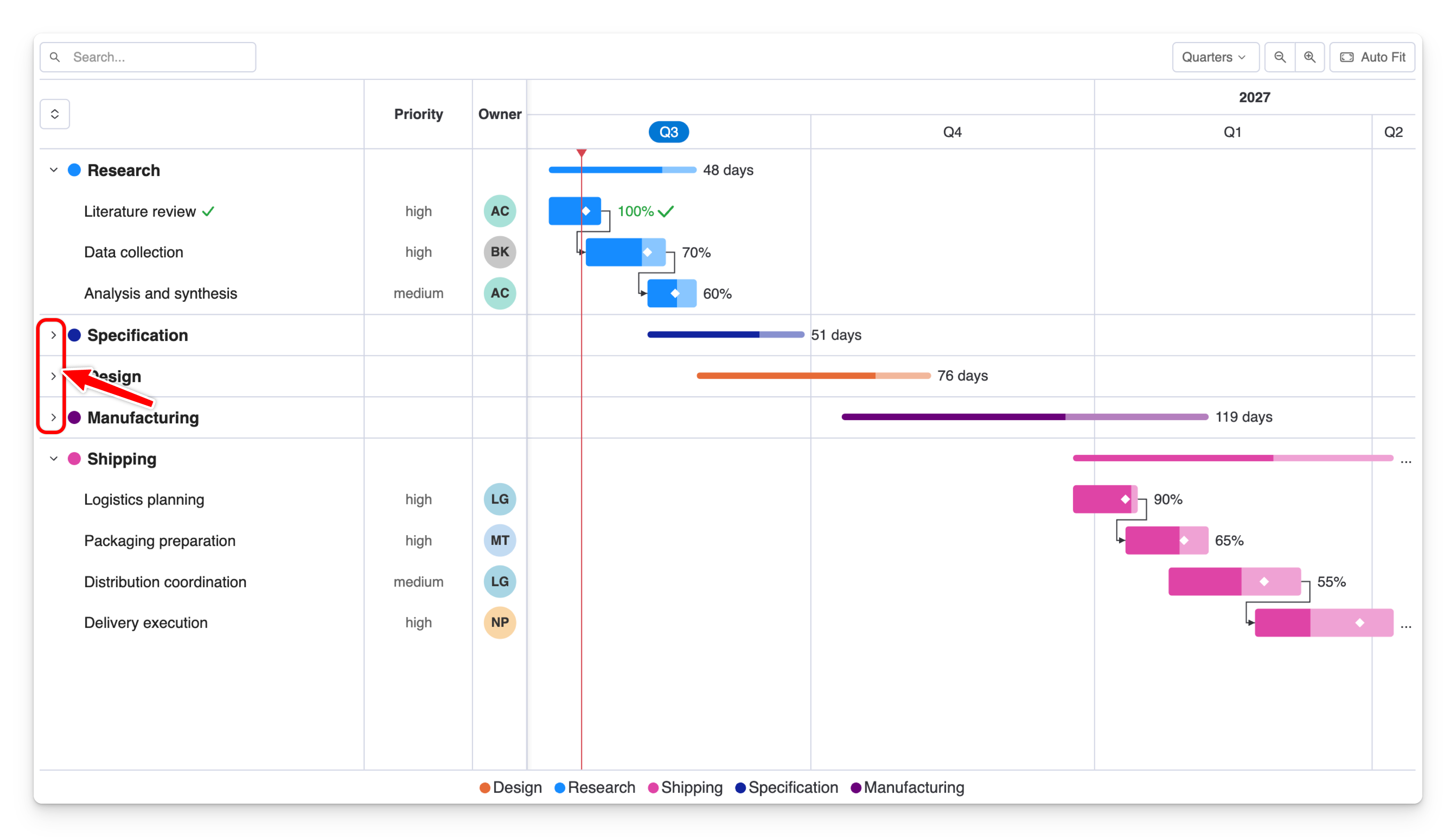 The task list with one project collapsed and another expanded, showing the expand/collapse arrows