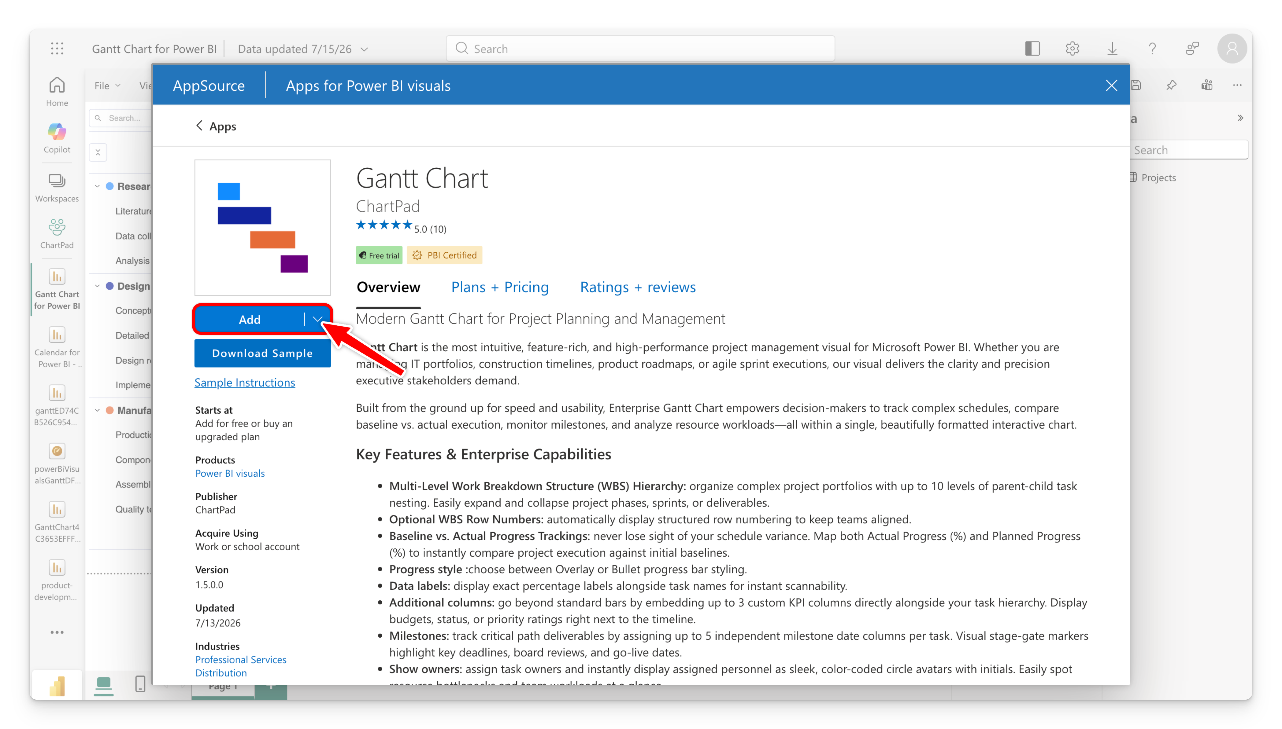 The Power BI Visualizations pane with the "Get more visuals" menu open and the ChartPad Gantt Chart shown in the AppSource dialog