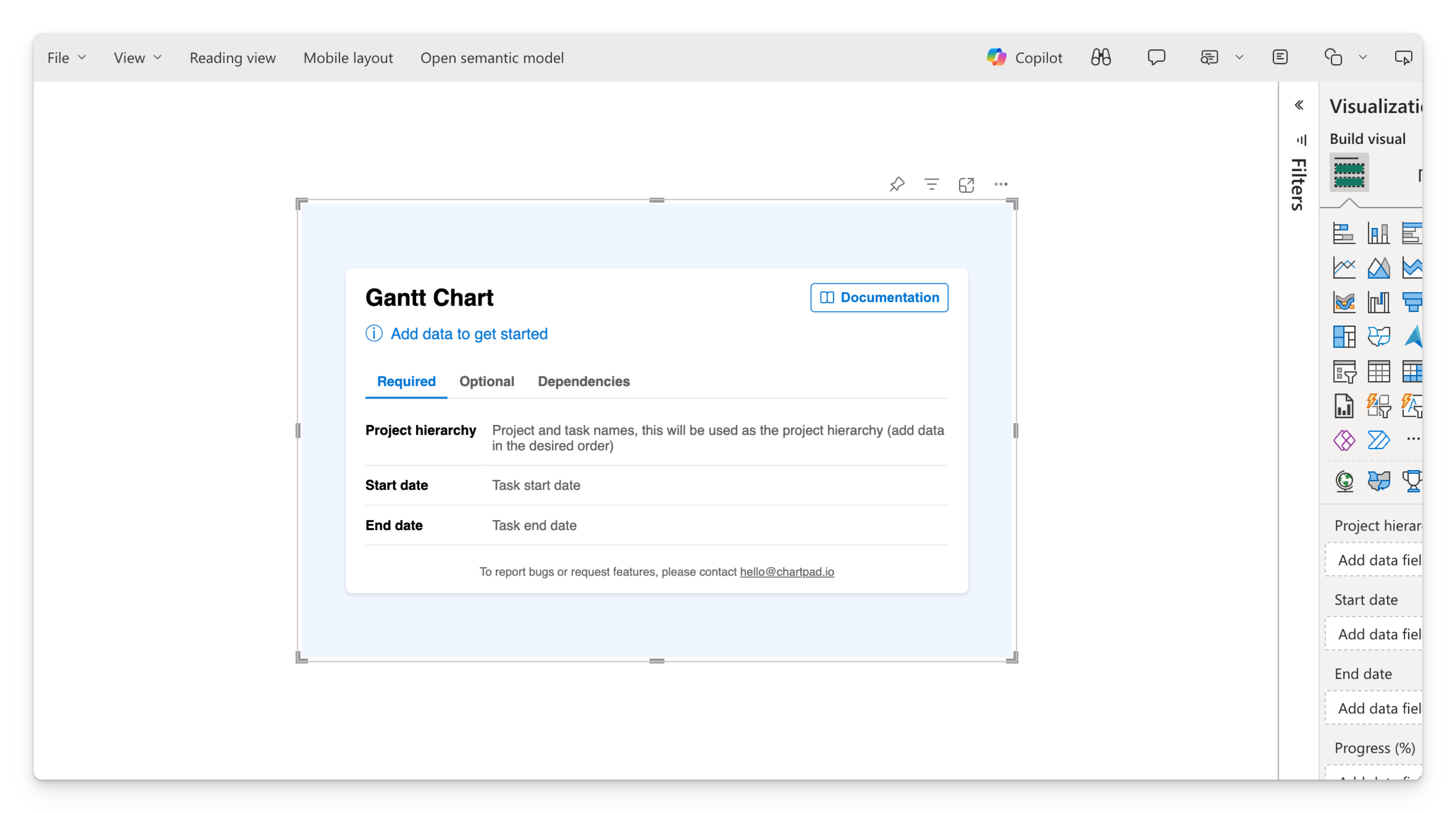 The Gantt Chart landing page on the canvas, with the "Required" tab selected showing Category, Start date, and End date rows