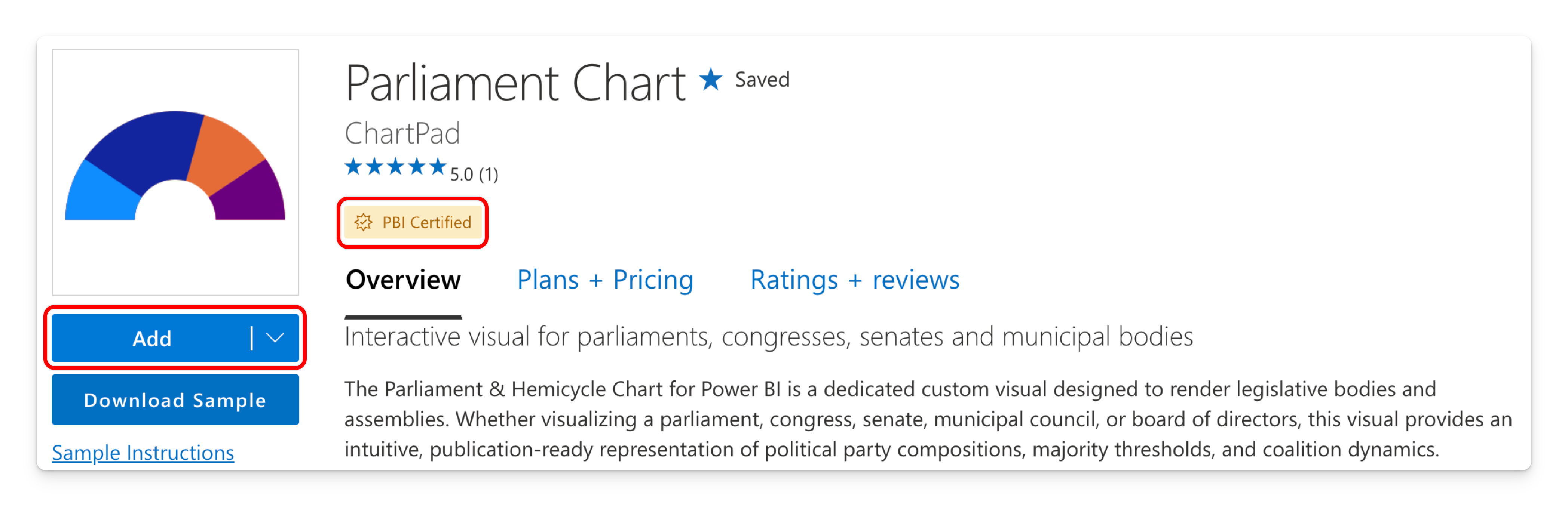 Parliament Chart’s AppSource listing with Add and PBI Certified highlighted