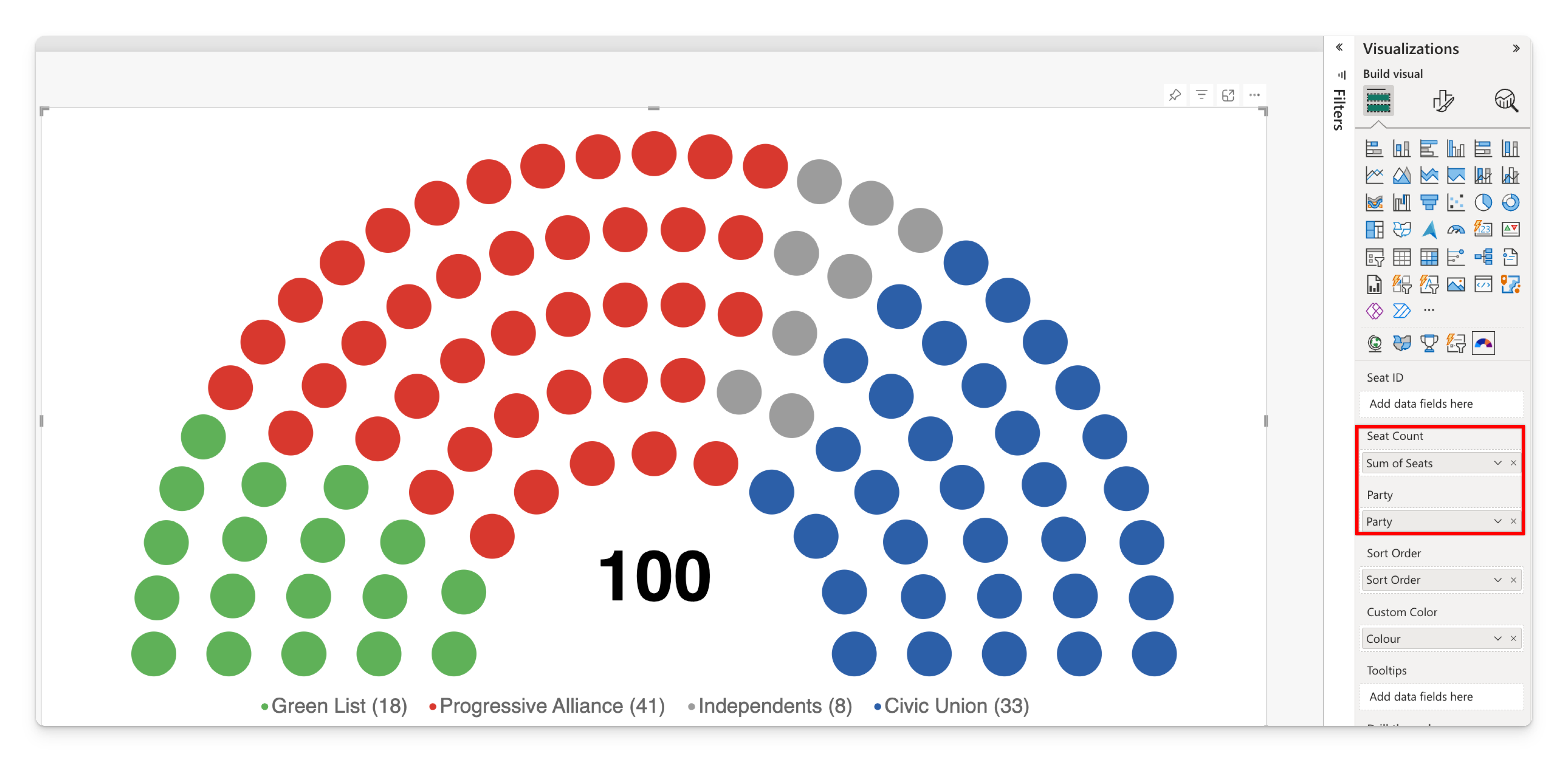 The four-party, 100-seat sample with the Seat Count and Party bindings highlighted